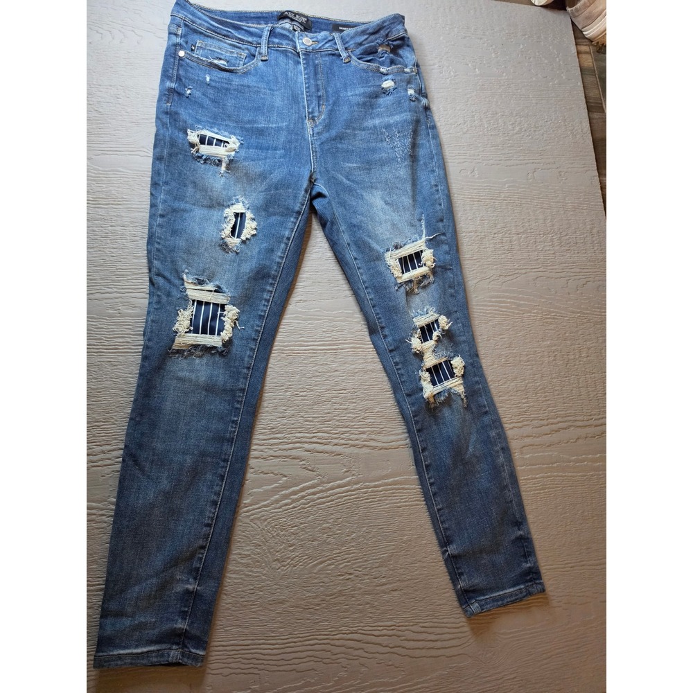Judy Blue Los Angeles Skinny Fit Distressed Striped Patch Jeans Blue Size 11/30